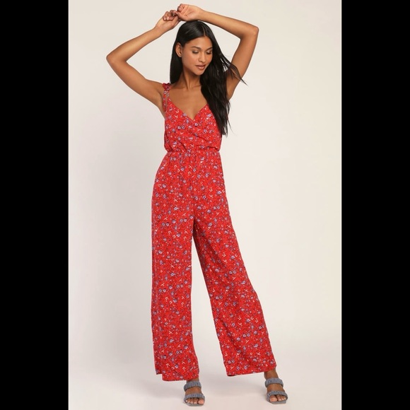 NWT LULUS Blooming Bliss Red Floral Print Tie-Strap Jumpsuit - Picture 6 of 10